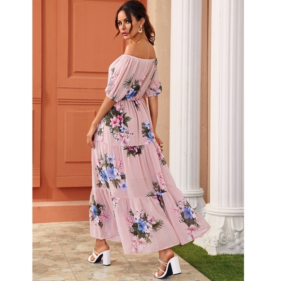 Off Shoulder Pink Floral Maxi Dress - Picture 3 of 8